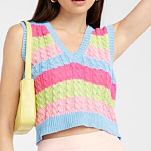 Pastel pink green and blue cable knit cotton V-neck vest made in Italy NWT